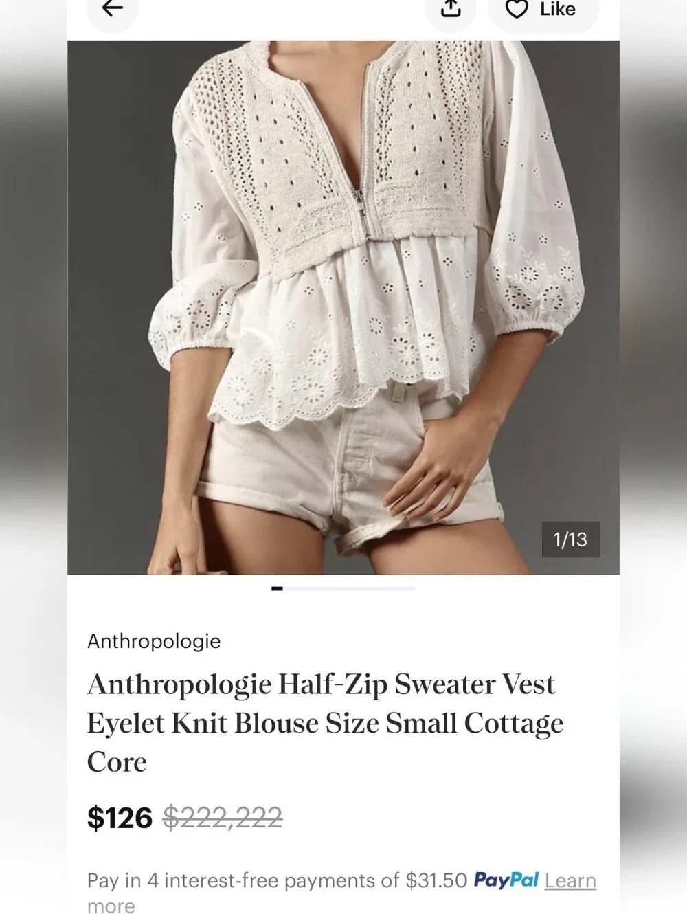 Anthropologie Half-Zip Sweater Vest Eyelet Knit  Blouse Cream Sz XLarge NWT$148